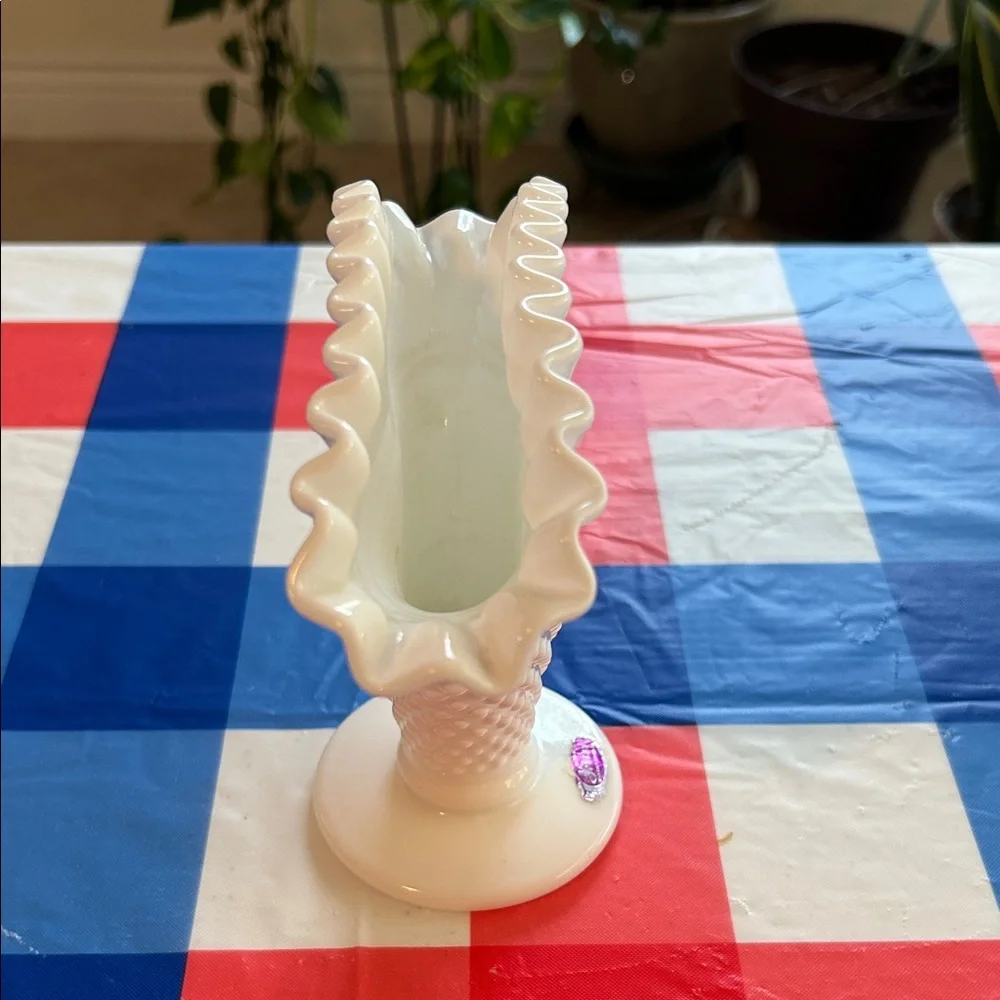 Vintage Fenton White Milk Glass Hobnail Fan Vase